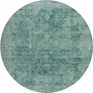 Photo of 8' Teal Blue And Olive Green Round Abstract Washable Indoor Outdoor Area Rug