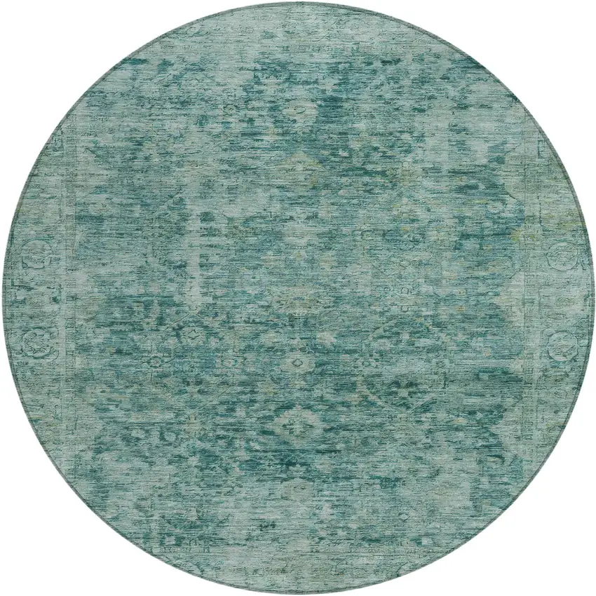 8' Teal Blue And Olive Green Round Abstract Washable Indoor Outdoor Area Rug Photo 1