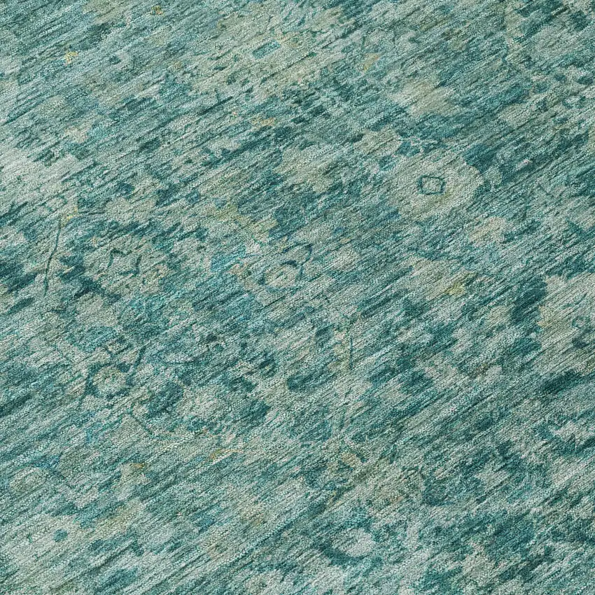 8' Teal Blue And Olive Green Round Abstract Washable Indoor Outdoor Area Rug Photo 9