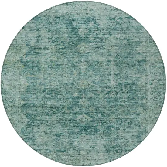 8' Teal Blue And Olive Green Round Abstract Washable Indoor Outdoor Area Rug Photo 4