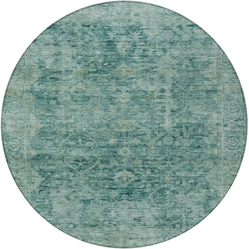 8' Teal Blue And Olive Green Round Abstract Washable Indoor Outdoor Area Rug Photo 4