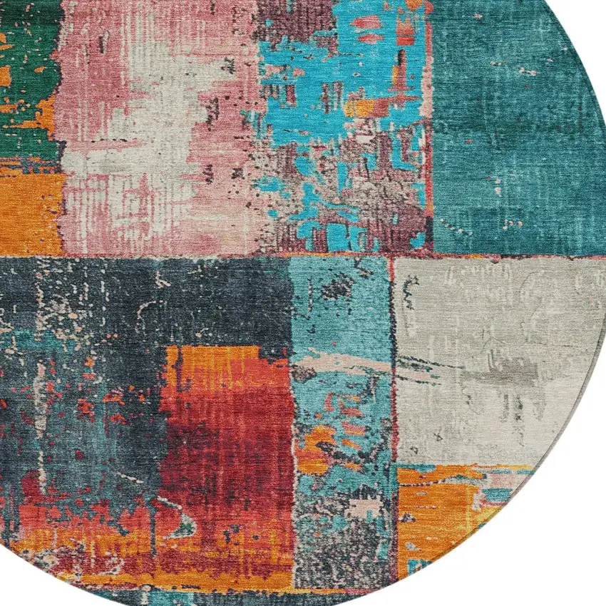 8' Teal Blue And Orange Round Abstract Washable Indoor Outdoor Area Rug Photo 9
