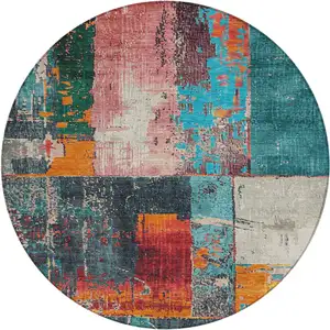 Photo of 8' Teal Blue And Orange Round Abstract Washable Indoor Outdoor Area Rug