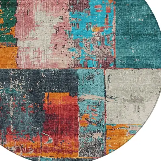 8' Teal Blue And Orange Round Abstract Washable Indoor Outdoor Area Rug Photo 4