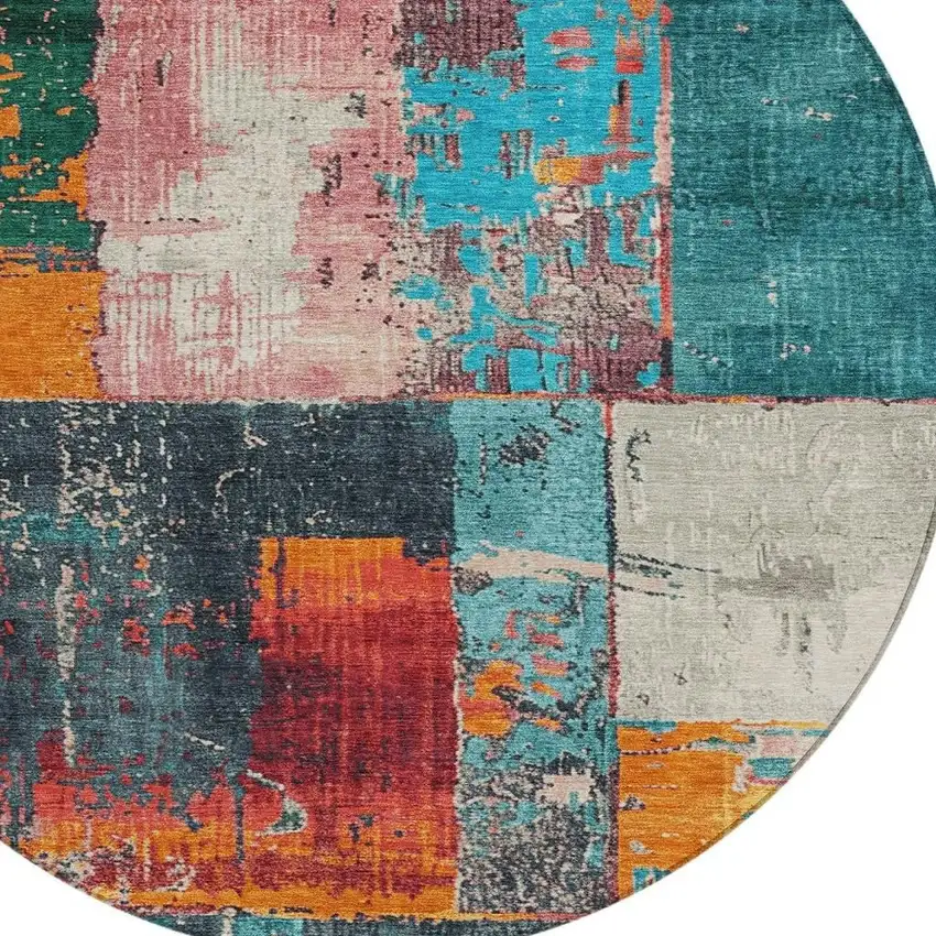 8' Teal Blue And Orange Round Abstract Washable Indoor Outdoor Area Rug Photo 4