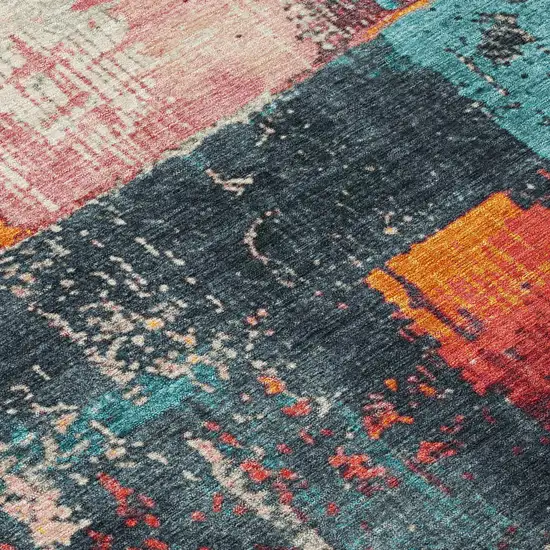 8' Teal Blue And Orange Round Abstract Washable Indoor Outdoor Area Rug Photo 8