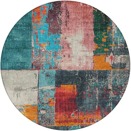 8' Teal Blue And Orange Round Abstract Washable Indoor Outdoor Area Rug Photo 3