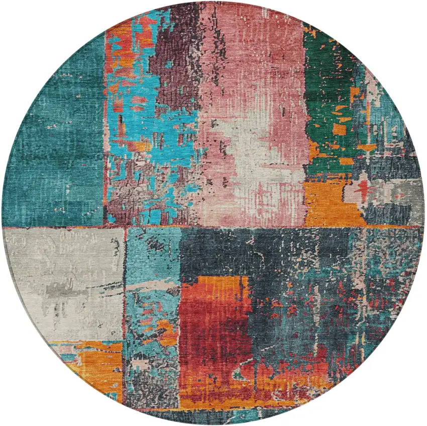 8' Teal Blue And Orange Round Abstract Washable Indoor Outdoor Area Rug Photo 3