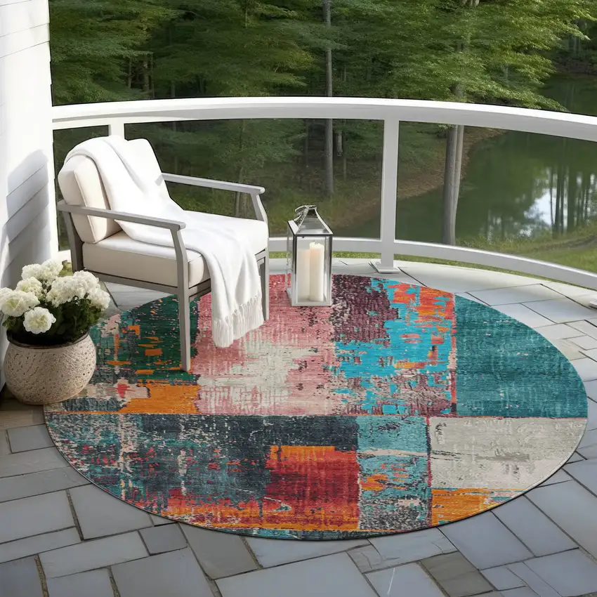 8' Teal Blue And Orange Round Abstract Washable Indoor Outdoor Area Rug Photo 5