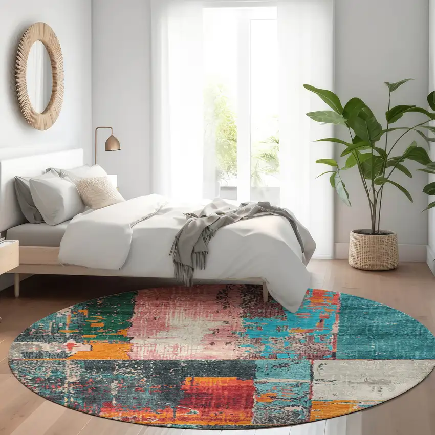 8' Teal Blue And Orange Round Abstract Washable Indoor Outdoor Area Rug Photo 6