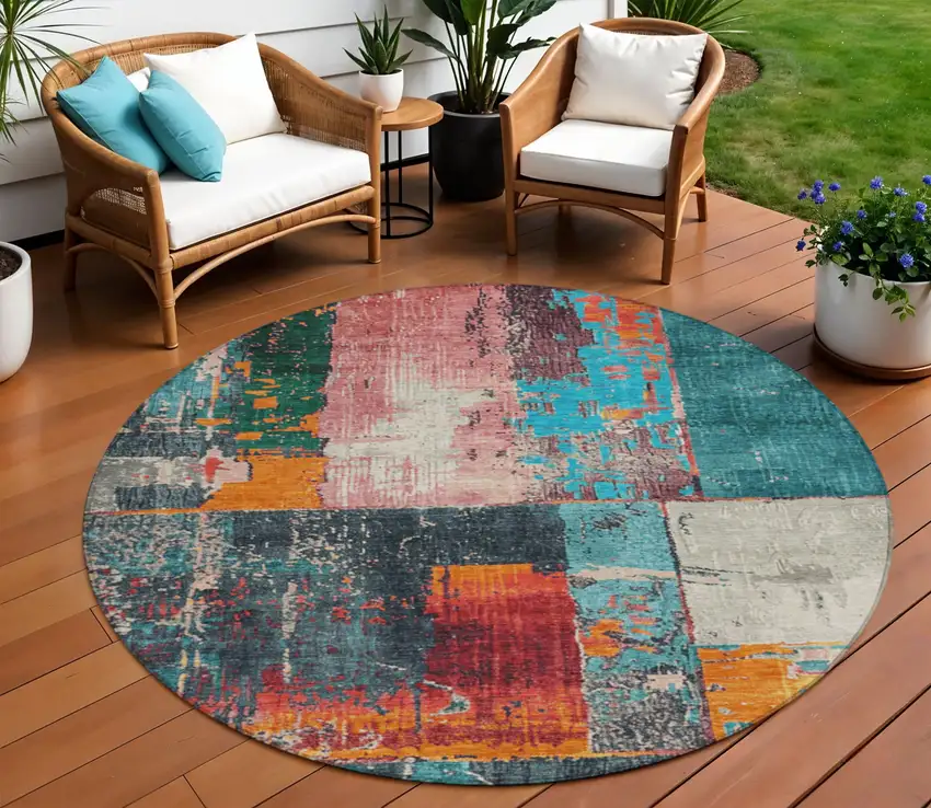 8' Teal Blue And Orange Round Abstract Washable Indoor Outdoor Area Rug Photo 2