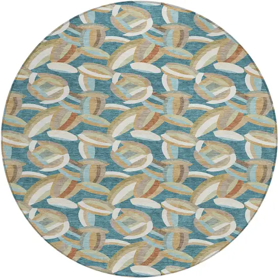 8' Teal Blue And Orange Round Abstract Washable Indoor Outdoor Area Rug Photo 1