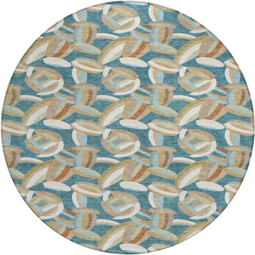 8' Teal Blue And Orange Round Abstract Washable Indoor Outdoor Area Rug Photo 1