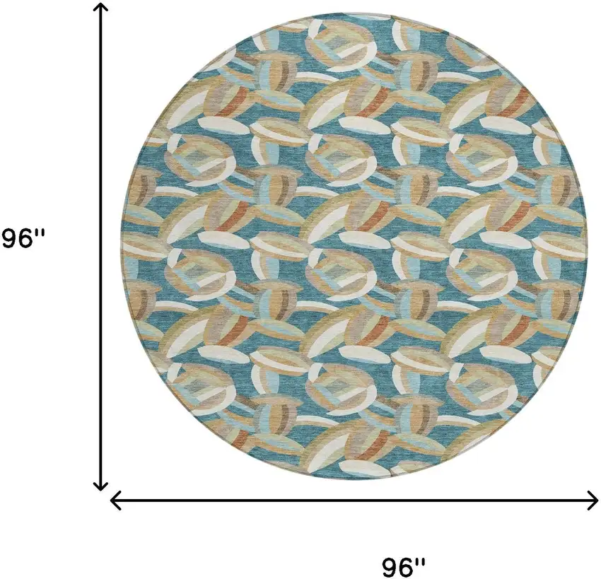8' Teal Blue And Orange Round Abstract Washable Indoor Outdoor Area Rug Photo 8