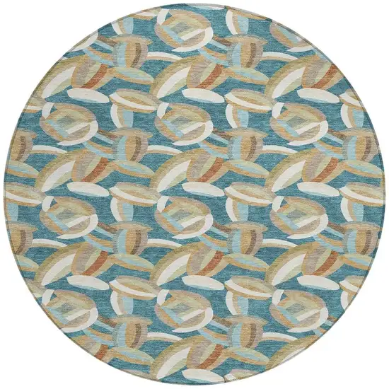 8' Teal Blue And Orange Round Abstract Washable Indoor Outdoor Area Rug Photo 3