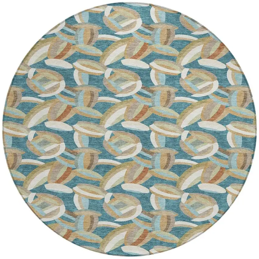 8' Teal Blue And Orange Round Abstract Washable Indoor Outdoor Area Rug Photo 3