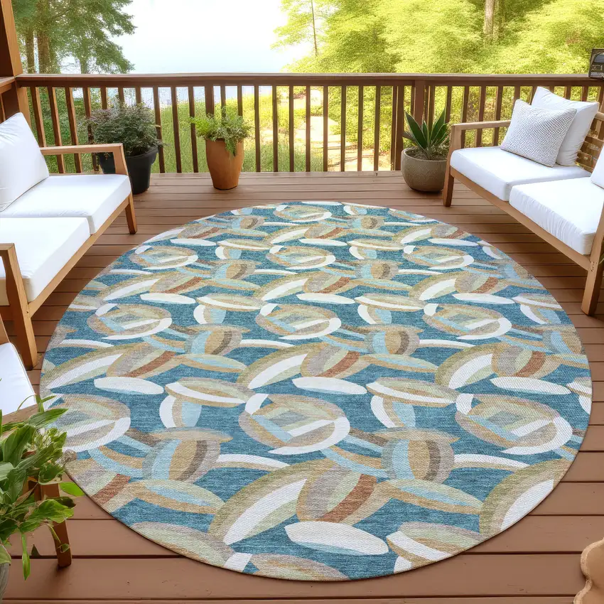 8' Teal Blue And Orange Round Abstract Washable Indoor Outdoor Area Rug Photo 4