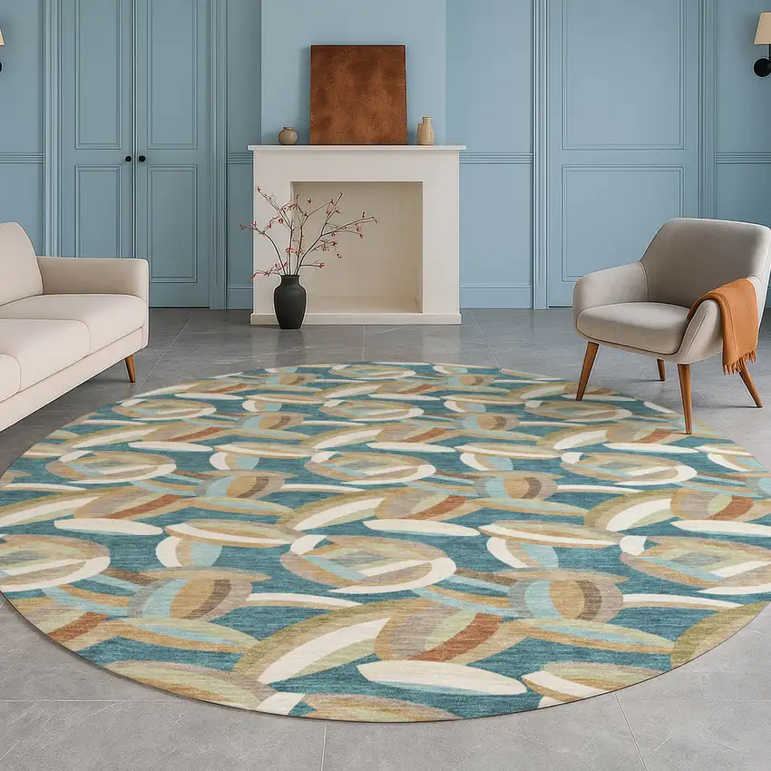 8' Teal Blue And Orange Round Abstract Washable Indoor Outdoor Area Rug Photo 5
