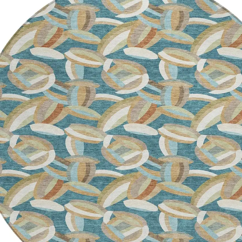 8' Teal Blue And Orange Round Abstract Washable Indoor Outdoor Area Rug Photo 2