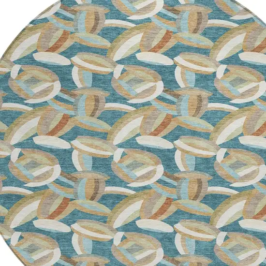 8' Teal Blue And Orange Round Abstract Washable Indoor Outdoor Area Rug Photo 2