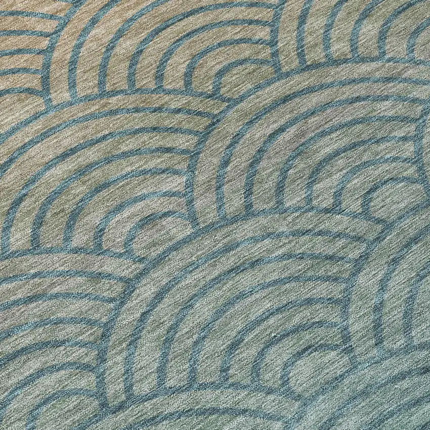 8' Teal Blue And Orange Round Geometric Washable Indoor Outdoor Area Rug Photo 9