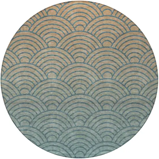 8' Teal Blue And Orange Round Geometric Washable Indoor Outdoor Area Rug Photo 3
