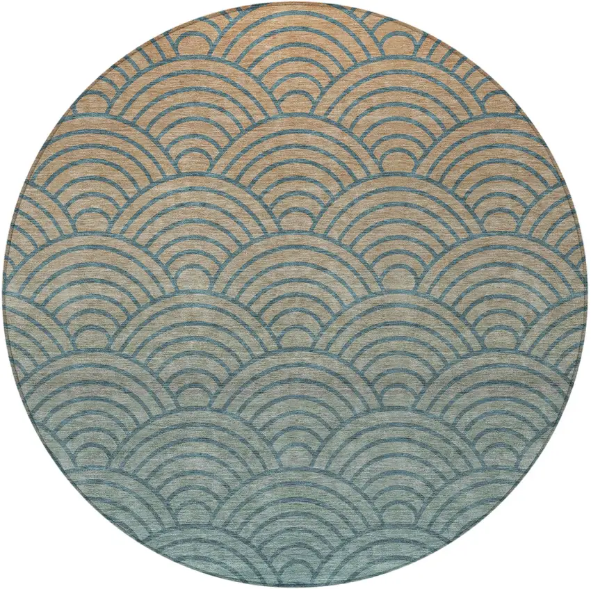 8' Teal Blue And Orange Round Geometric Washable Indoor Outdoor Area Rug Photo 3