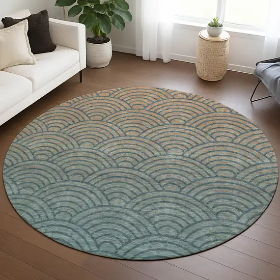 8' Teal Blue And Orange Round Geometric Washable Indoor Outdoor Area Rug Photo 5