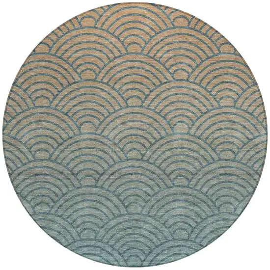 8' Teal Blue And Orange Round Geometric Washable Indoor Outdoor Area Rug Photo 2