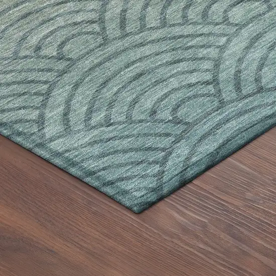 8' Teal Blue And Orange Round Geometric Washable Indoor Outdoor Area Rug Photo 8