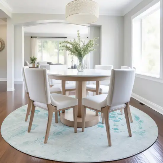 8' Teal Blue And Pale Aqua Round Abstract Washable Indoor Outdoor Area Rug Photo 6