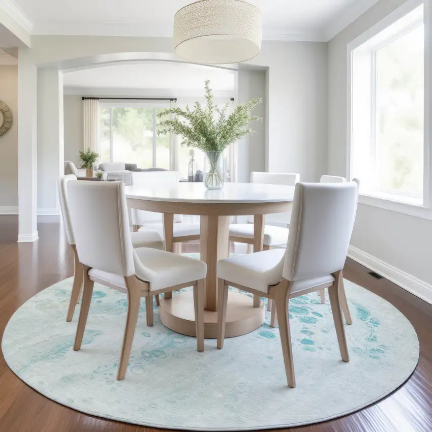 8' Teal Blue And Pale Aqua Round Abstract Washable Indoor Outdoor Area Rug Photo 6