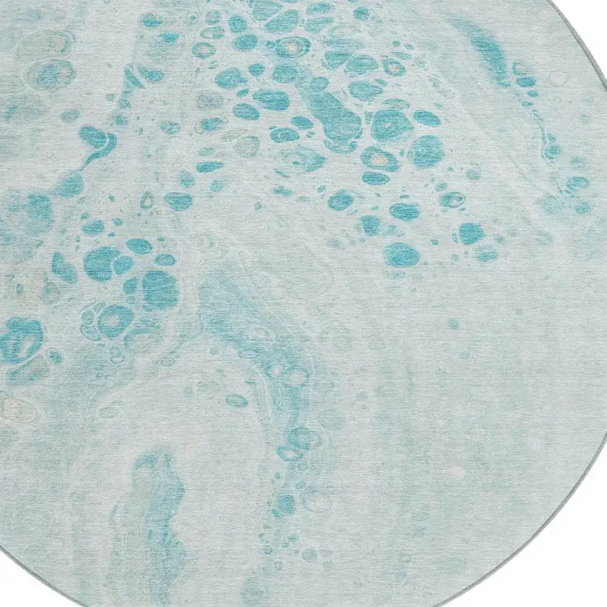 8' Teal Blue And Pale Aqua Round Abstract Washable Indoor Outdoor Area Rug Photo 8