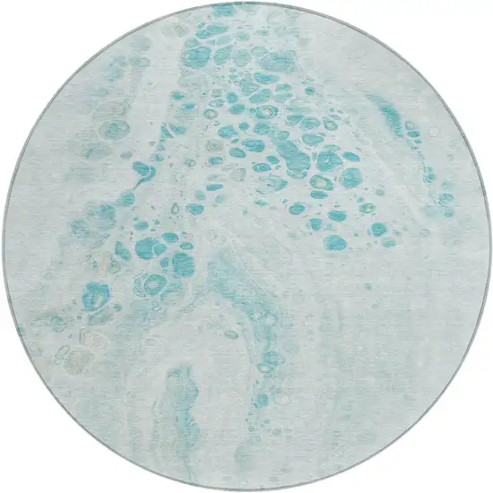 8' Teal Blue And Pale Aqua Round Abstract Washable Indoor Outdoor Area Rug Photo 1