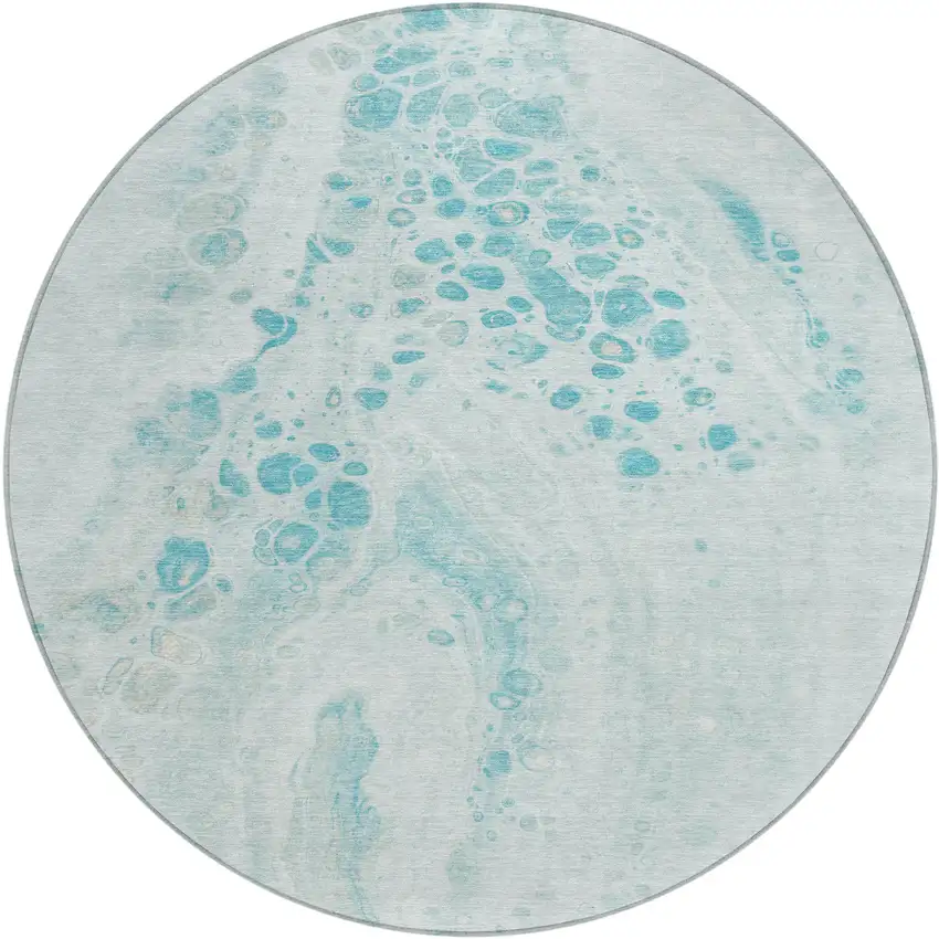 8' Teal Blue And Pale Aqua Round Abstract Washable Indoor Outdoor Area Rug Photo 1