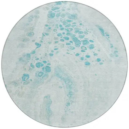 8' Teal Blue And Pale Aqua Round Abstract Washable Indoor Outdoor Area Rug Photo 3