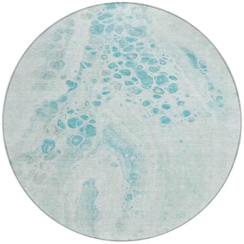 8' Teal Blue And Pale Aqua Round Abstract Washable Indoor Outdoor Area Rug Photo 3