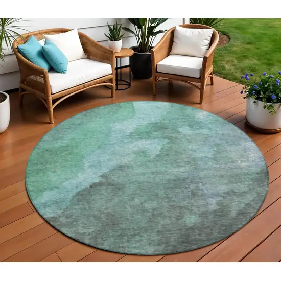 8' Teal Blue And Pale Aqua Round Abstract Washable Indoor Outdoor Area Rug Photo 2