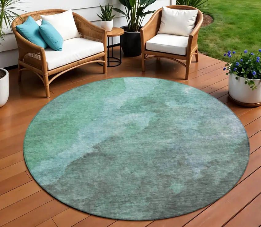 8' Teal Blue And Pale Aqua Round Abstract Washable Indoor Outdoor Area Rug Photo 2