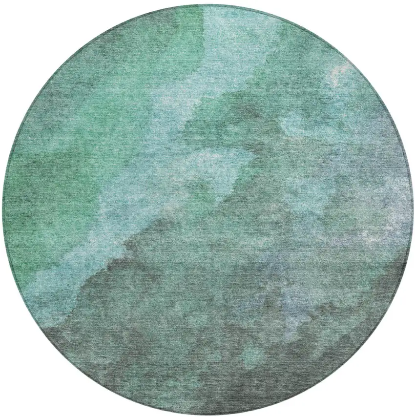 8' Teal Blue And Pale Aqua Round Abstract Washable Indoor Outdoor Area Rug Photo 1