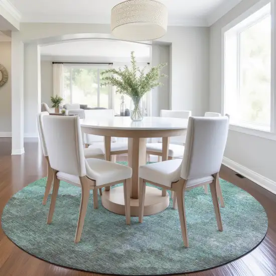 8' Teal Blue And Pale Aqua Round Abstract Washable Indoor Outdoor Area Rug Photo 6