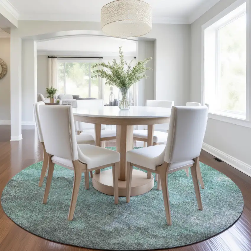 8' Teal Blue And Pale Aqua Round Abstract Washable Indoor Outdoor Area Rug Photo 6