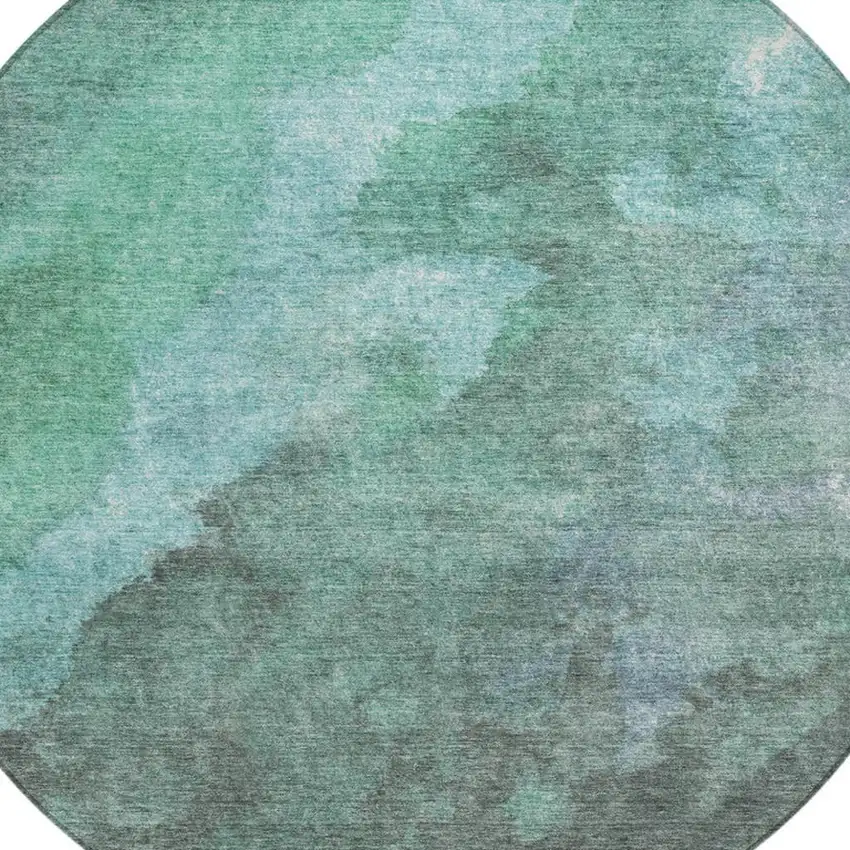 8' Teal Blue And Pale Aqua Round Abstract Washable Indoor Outdoor Area Rug Photo 4