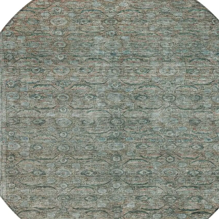 8' Teal Blue And Pale Aqua Round Floral Washable Indoor Outdoor Area Rug Photo 4