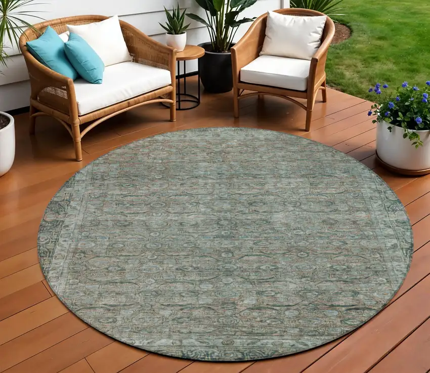 8' Teal Blue And Pale Aqua Round Floral Washable Indoor Outdoor Area Rug Photo 2