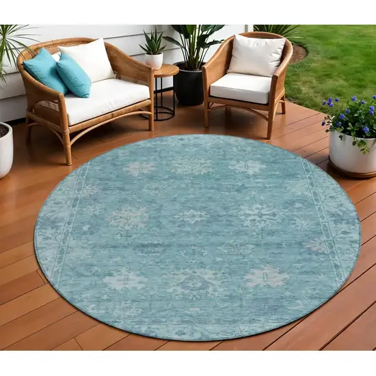 8' Teal Blue And Pale Aqua Round Floral Washable Indoor Outdoor Area Rug Photo 2