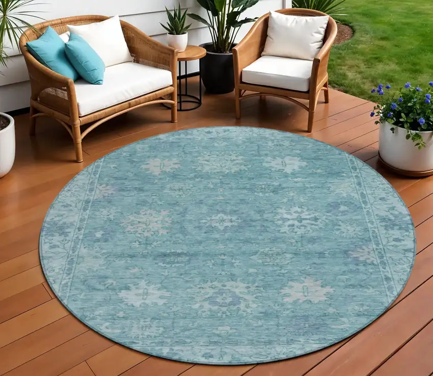 8' Teal Blue And Pale Aqua Round Floral Washable Indoor Outdoor Area Rug Photo 2