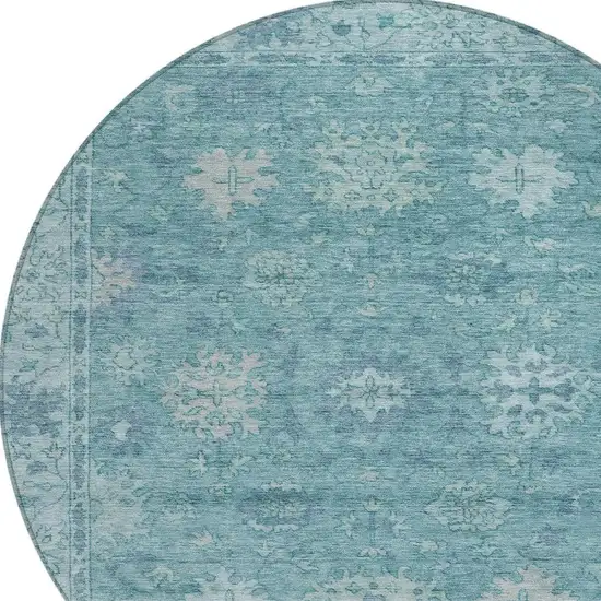8' Teal Blue And Pale Aqua Round Floral Washable Indoor Outdoor Area Rug Photo 8
