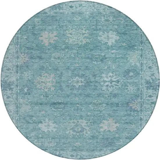 8' Teal Blue And Pale Aqua Round Floral Washable Indoor Outdoor Area Rug Photo 1