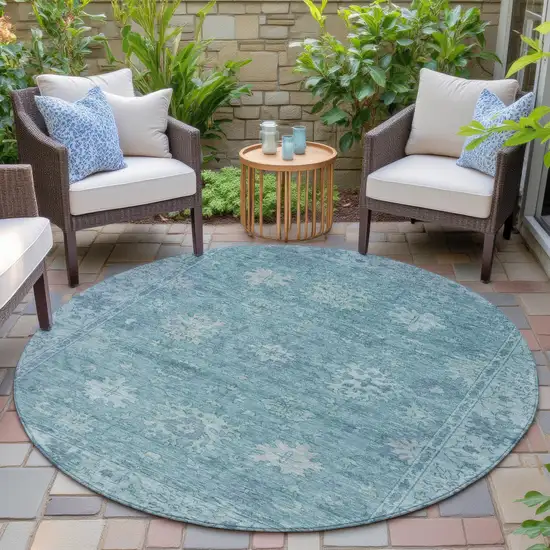 8' Teal Blue And Pale Aqua Round Floral Washable Indoor Outdoor Area Rug Photo 6